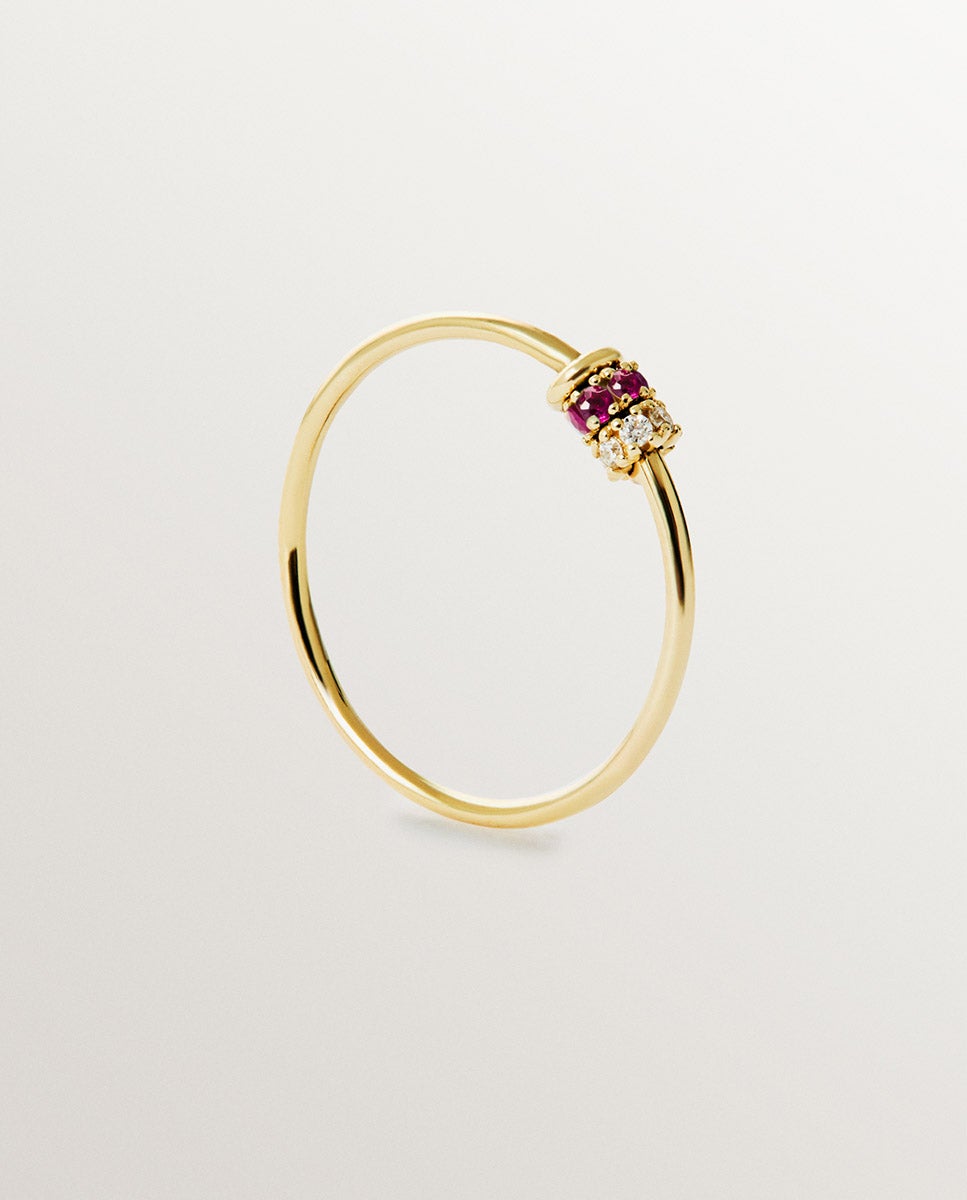 Anel de Ouro Amarelo de 9k com Rubís e Diamantes Vermelho-3