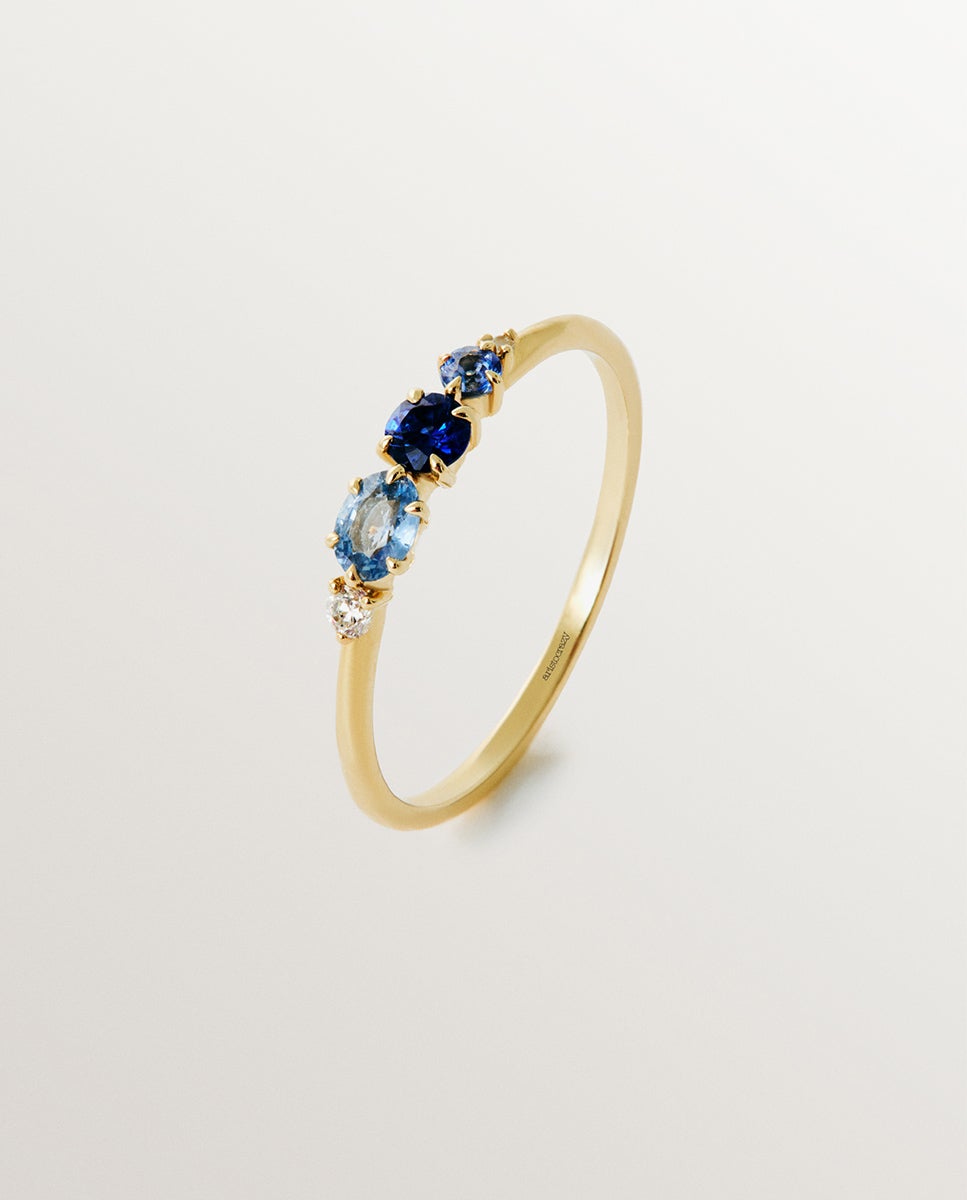 Anel de Ouro Amarelo de 9k com Safiras Azuis e Diamantes Azul-1