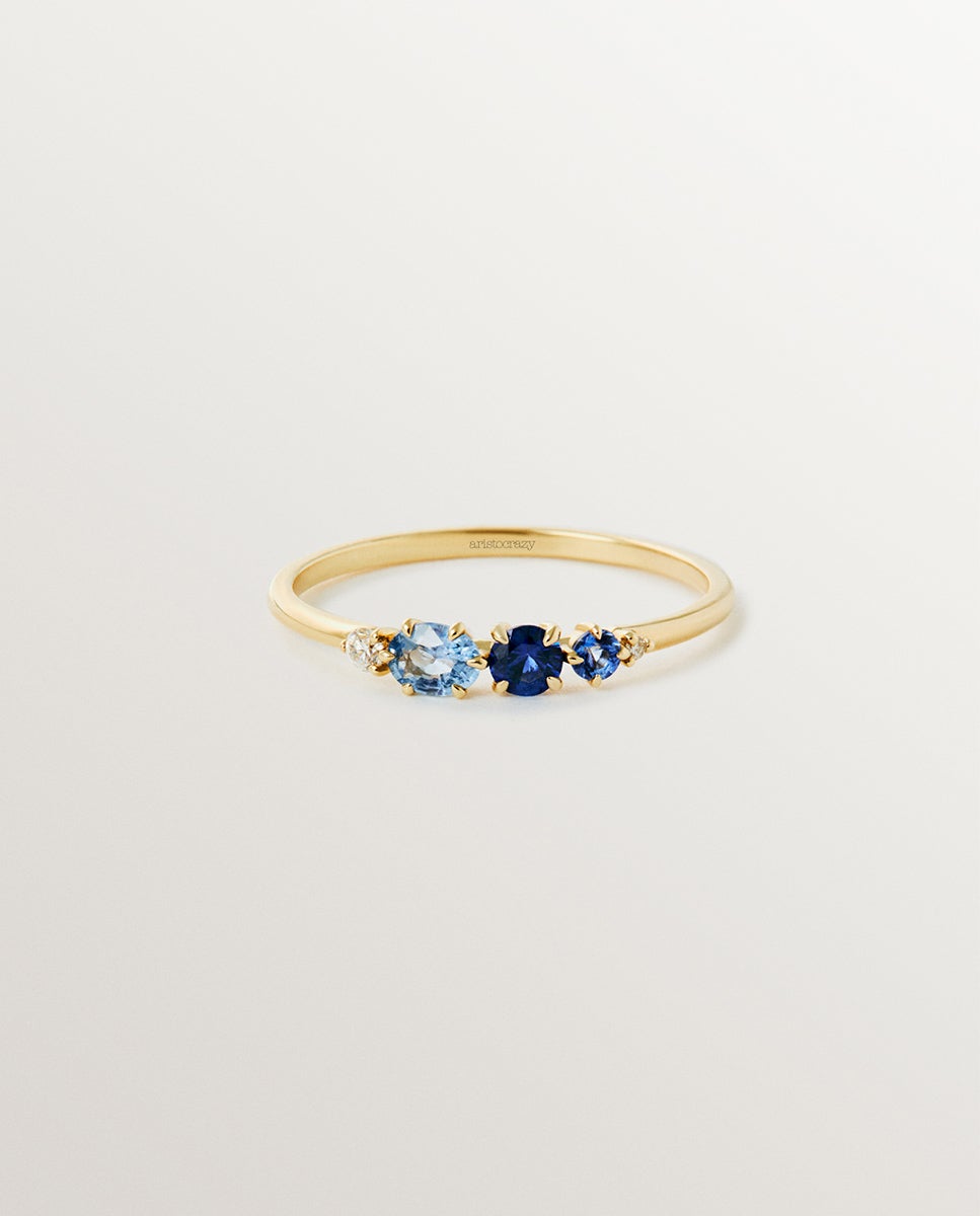Anel de Ouro Amarelo de 9k com Safiras Azuis e Diamantes Azul-3