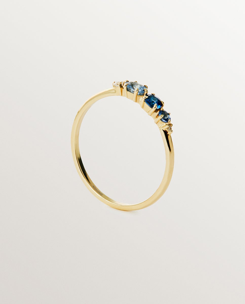 Anel de Ouro Amarelo de 9k com Safiras Azuis e Diamantes Azul-5