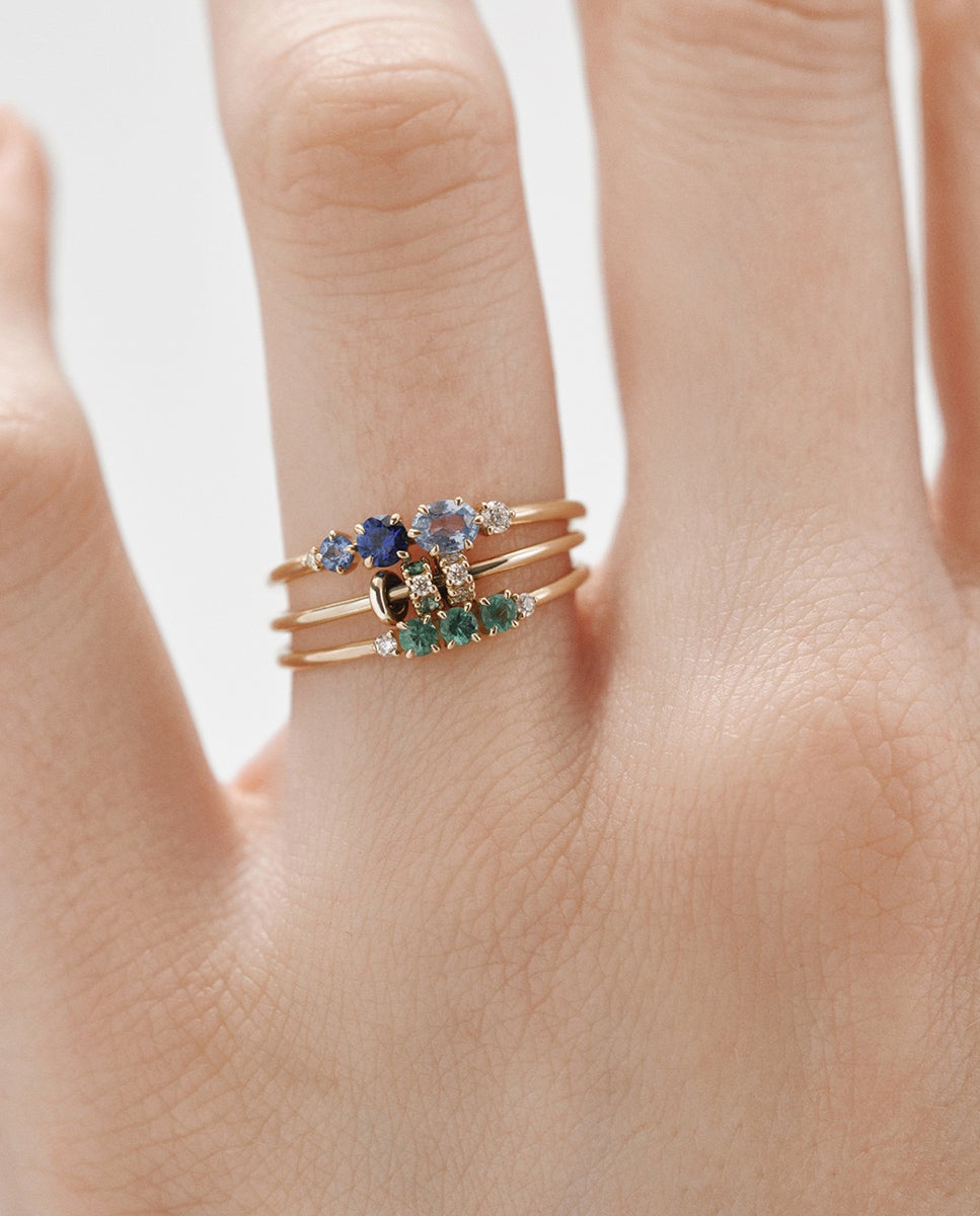 Anel de Ouro Amarelo de 9k com Safiras Azuis e Diamantes Azul-6