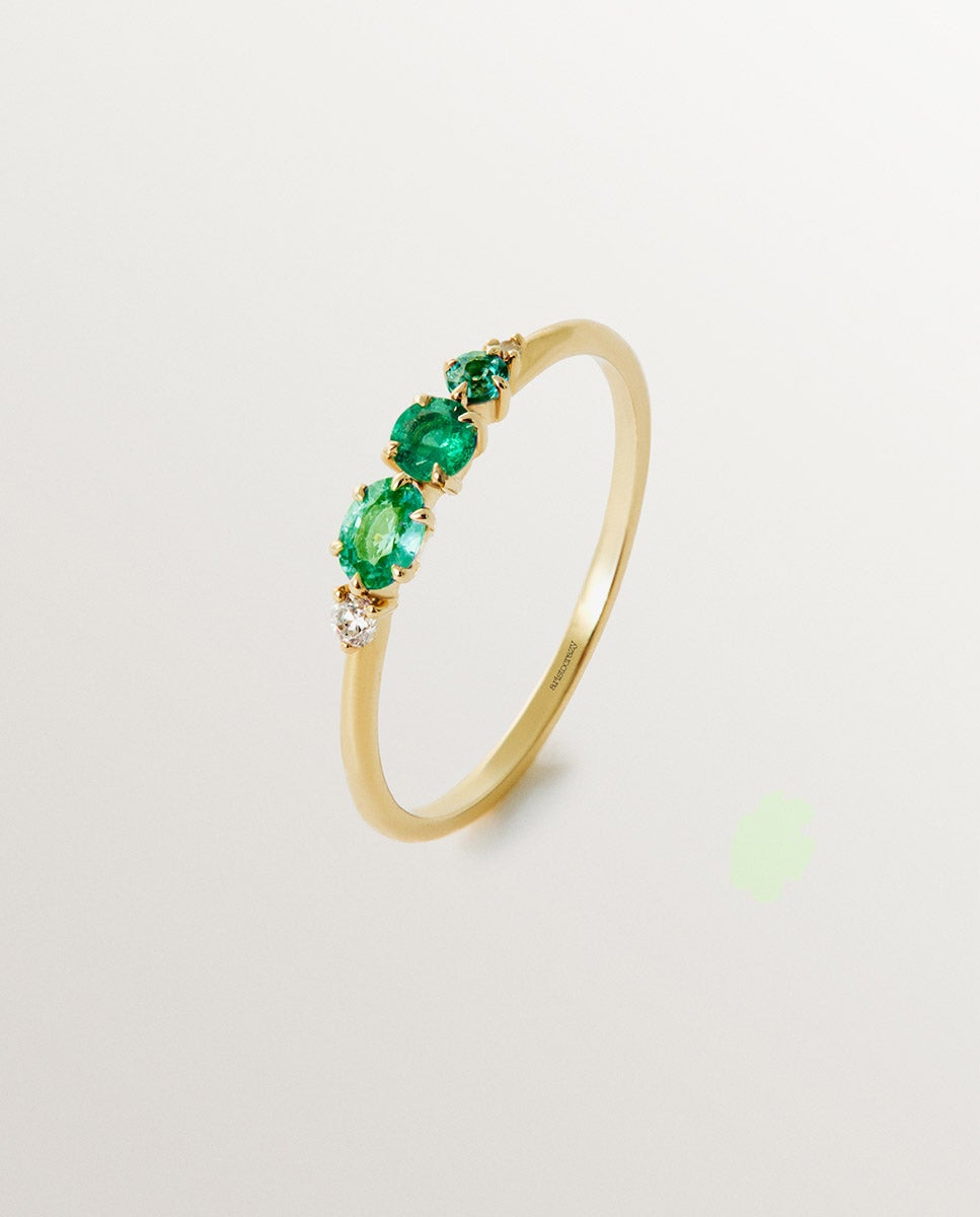 Anel de Ouro Amarelo de 9k com Esmeraldas e Diamantes Verde-1