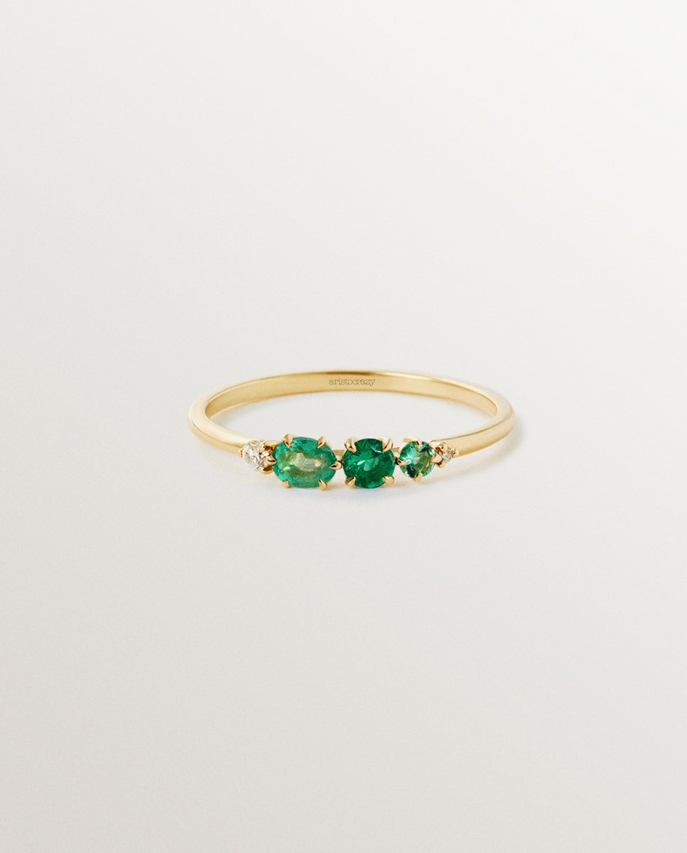 Anel de Ouro Amarelo de 9k com Esmeraldas e Diamantes Verde-2