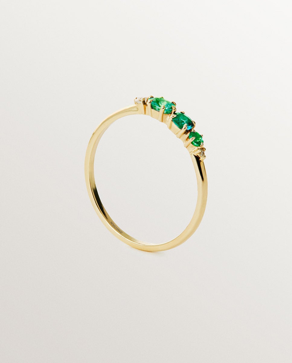 Anel de Ouro Amarelo de 9k com Esmeraldas e Diamantes Verde-3