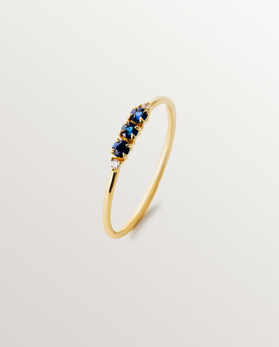 Anel de Ouro Amarelo de 9k com Safiras e Diamantes Azul-1