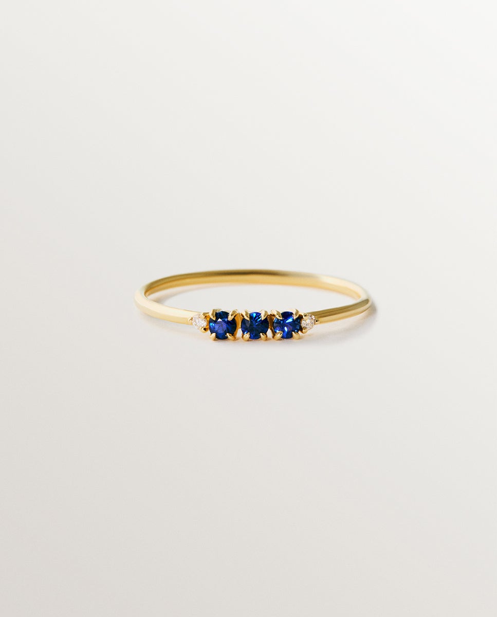 Anel de Ouro Amarelo de 9k com Safiras e Diamantes Azul-2