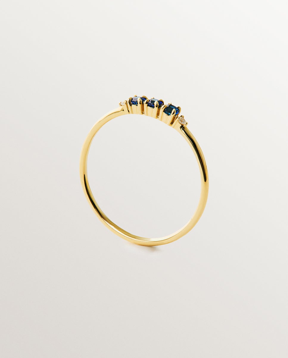 Anel de Ouro Amarelo de 9k com Safiras e Diamantes Azul-3