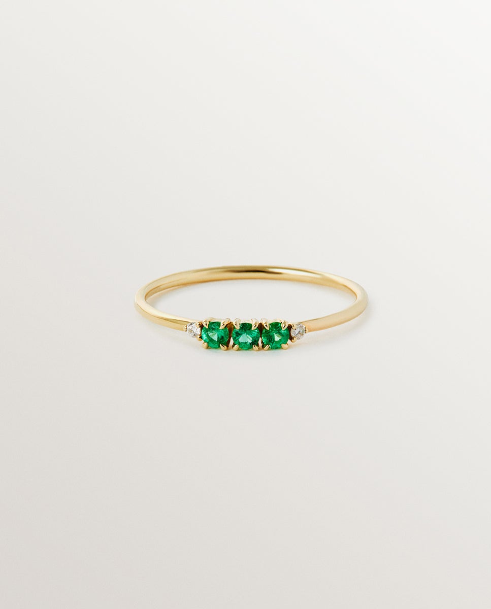 Anel de Ouro Amarelo de 9k com Esmeraldas e Diamantes Verde-1