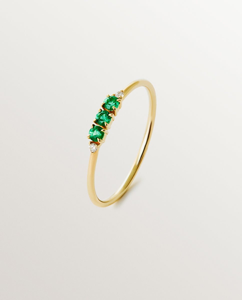 Anel de Ouro Amarelo de 9k com Esmeraldas e Diamantes Verde-3