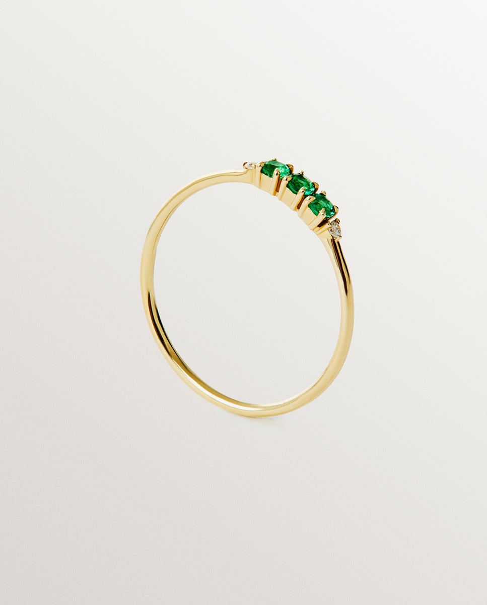 Anel de Ouro Amarelo de 9k com Esmeraldas e Diamantes Verde-5