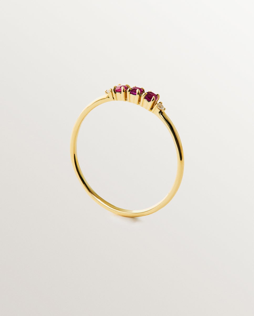 Anel de Ouro Amarelo de 9k com Rubís e Diamantes Vermelho-3