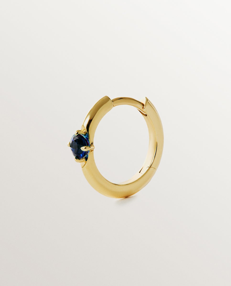 Brinco de Argola Individual de Ouro Amarelo 9k com Safira Azul Azul-1