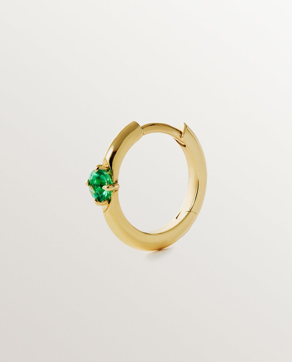 Brinco de Argola Individual de Ouro Amarelo 9k com Esmeralda Verde-1