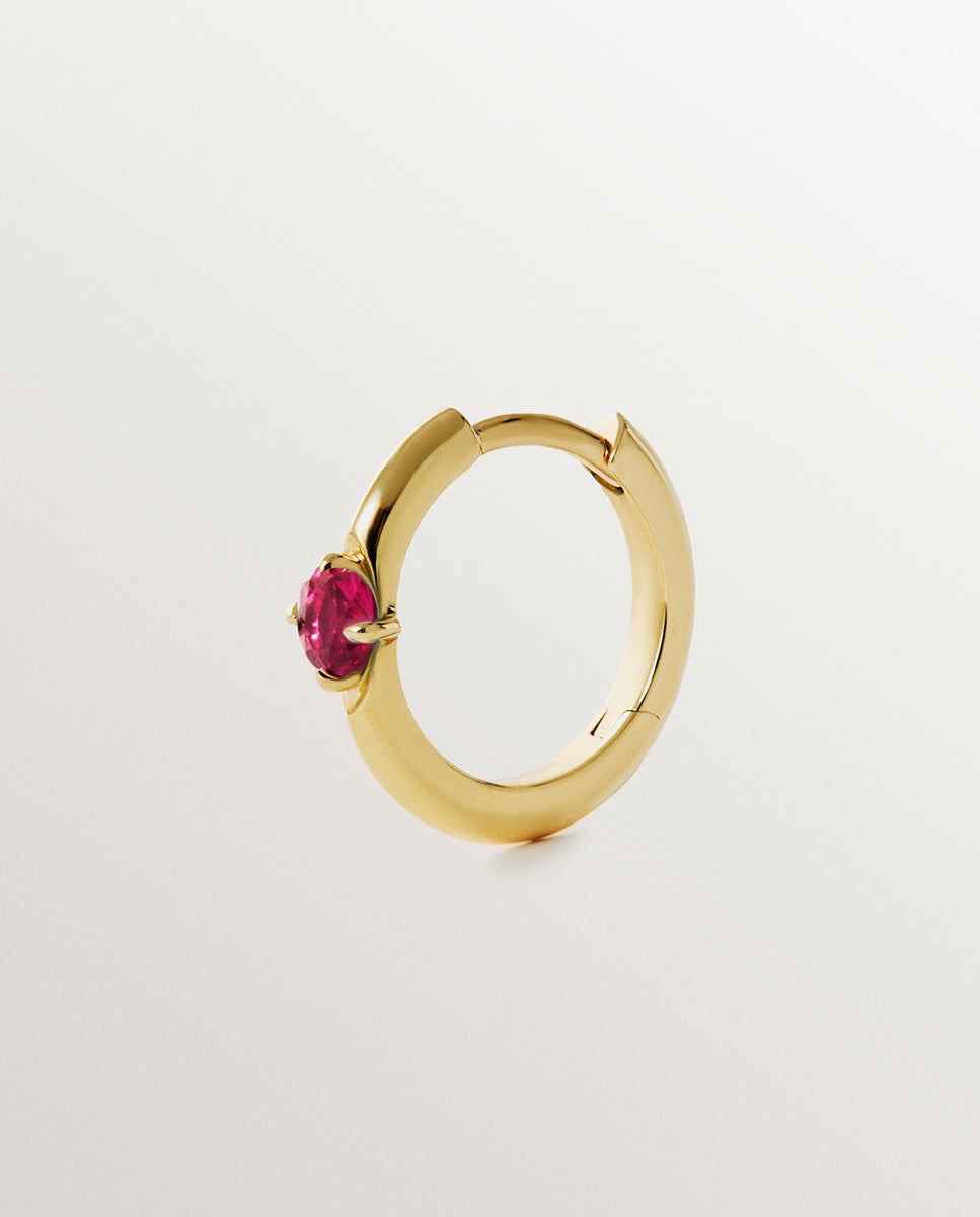 Brinco de Argola Individual de Ouro Amarelo de 9k com Rubi Vermelho-3