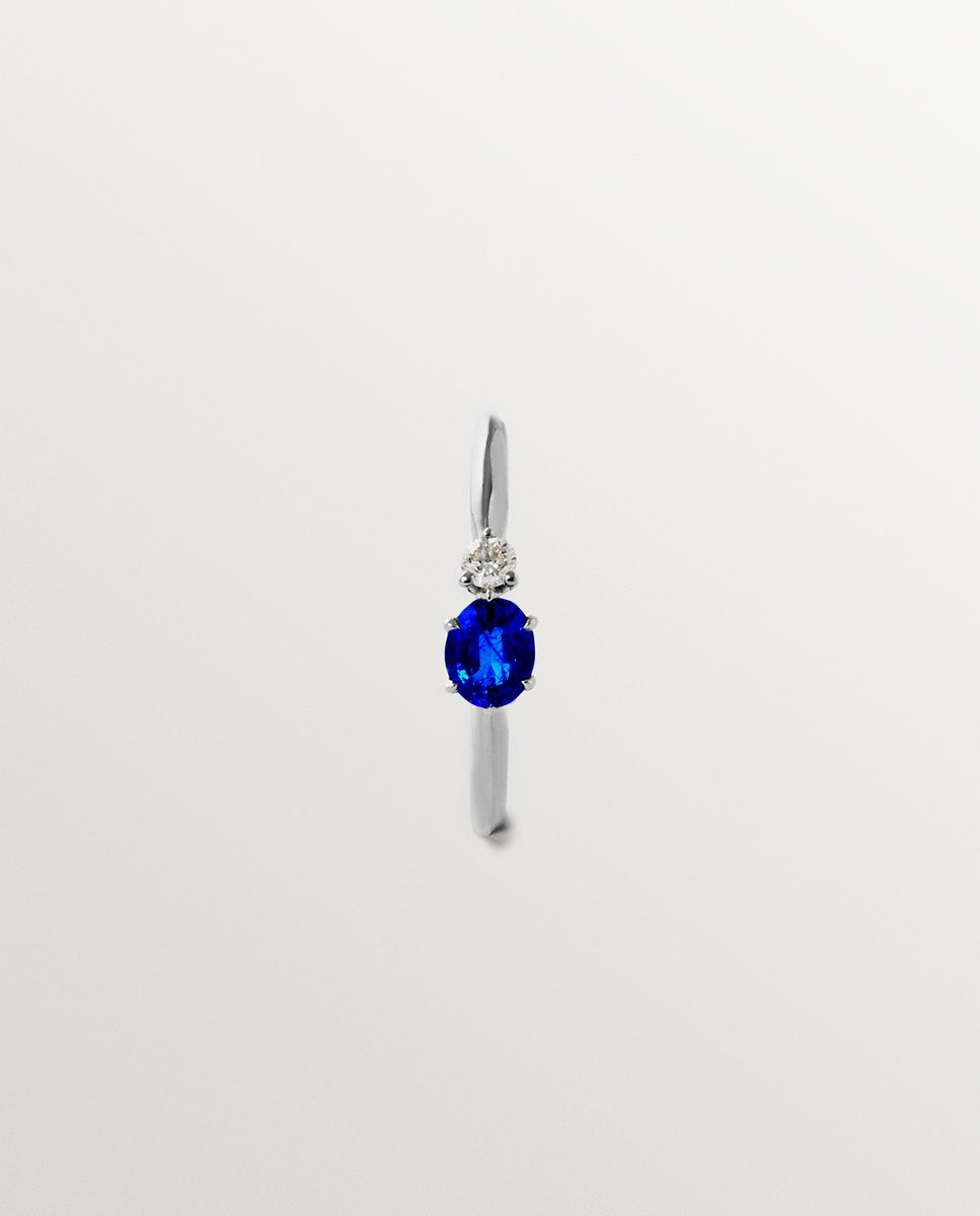 Brinco de Argola Individual de Ouro Branco de 9k com Safira e Diamante Azul-3