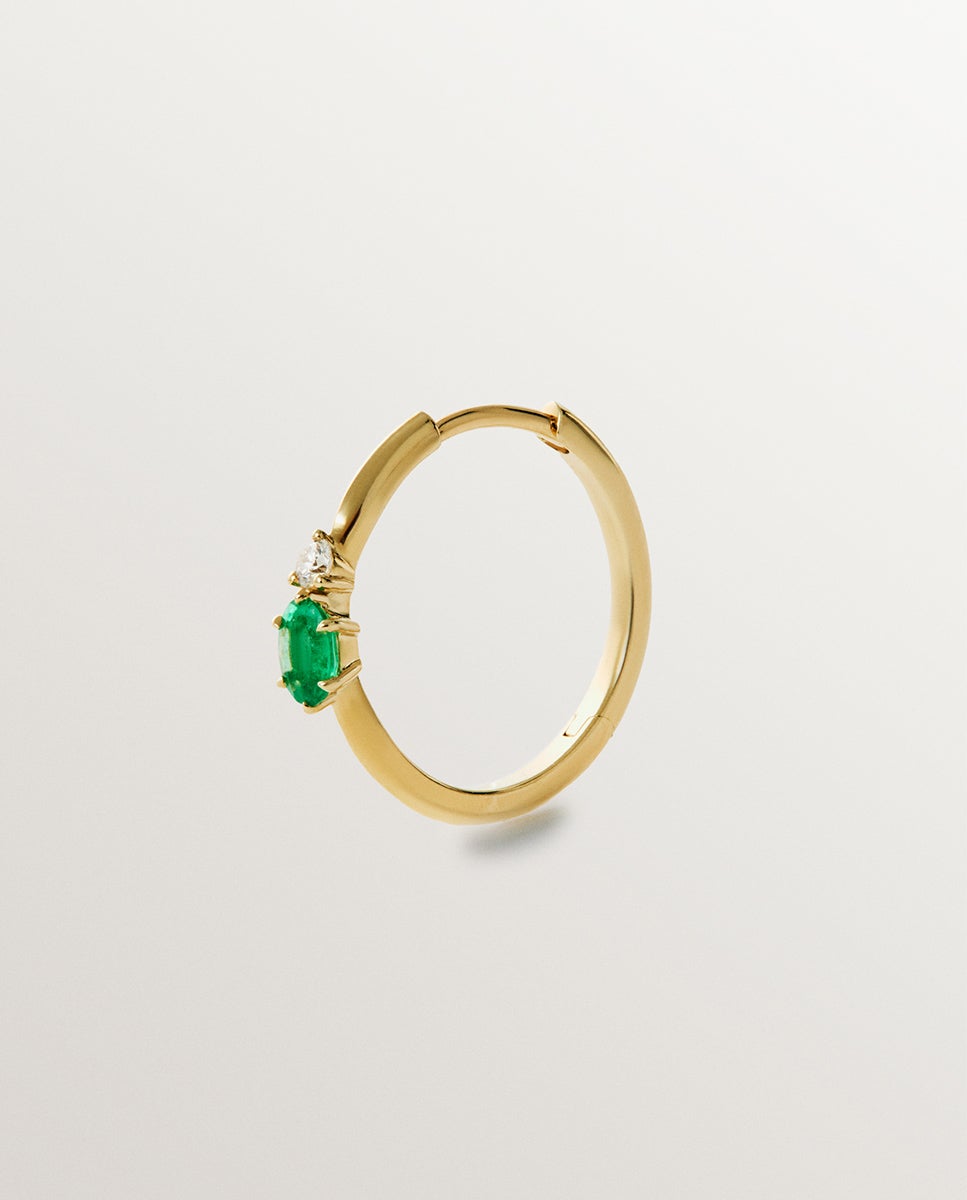 Brinco de Argola Individual de Ouro Amarelo de 9k com Esmeralda e Diamante Verde-1