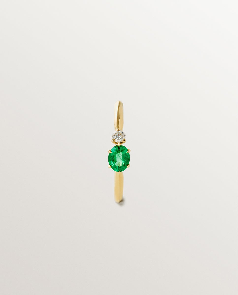 Brinco de Argola Individual de Ouro Amarelo de 9k com Esmeralda e Diamante Verde-3