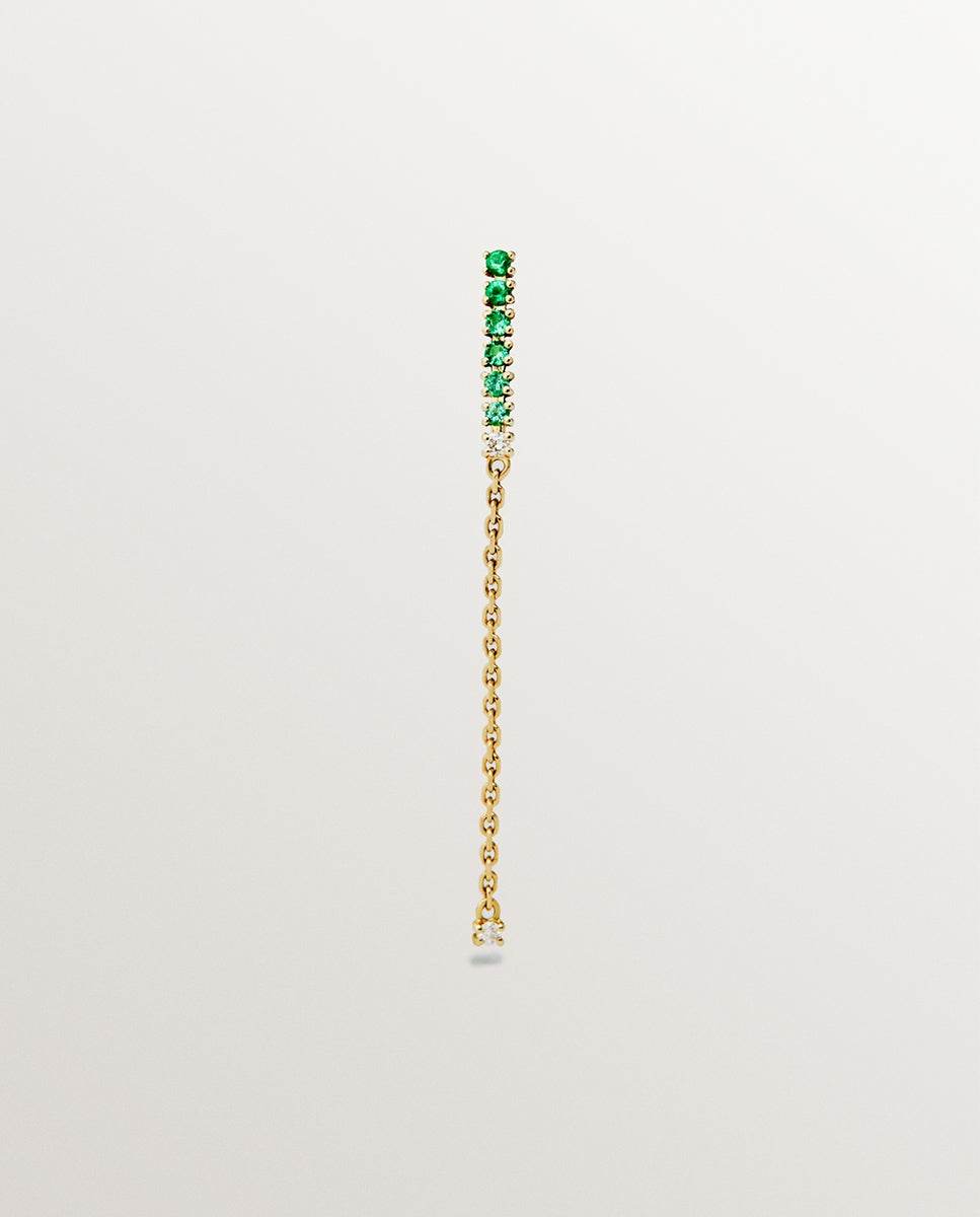 Brinco Comprido Individual de Ouro Amarelo 9k com Esmeraldas e Diamantes Verde-1