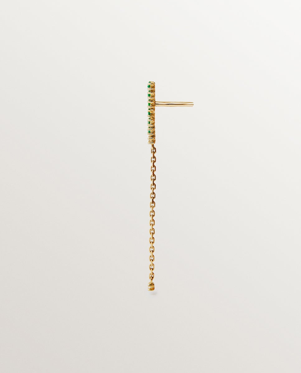 Brinco Comprido Individual de Ouro Amarelo 9k com Esmeraldas e Diamantes Verde-3