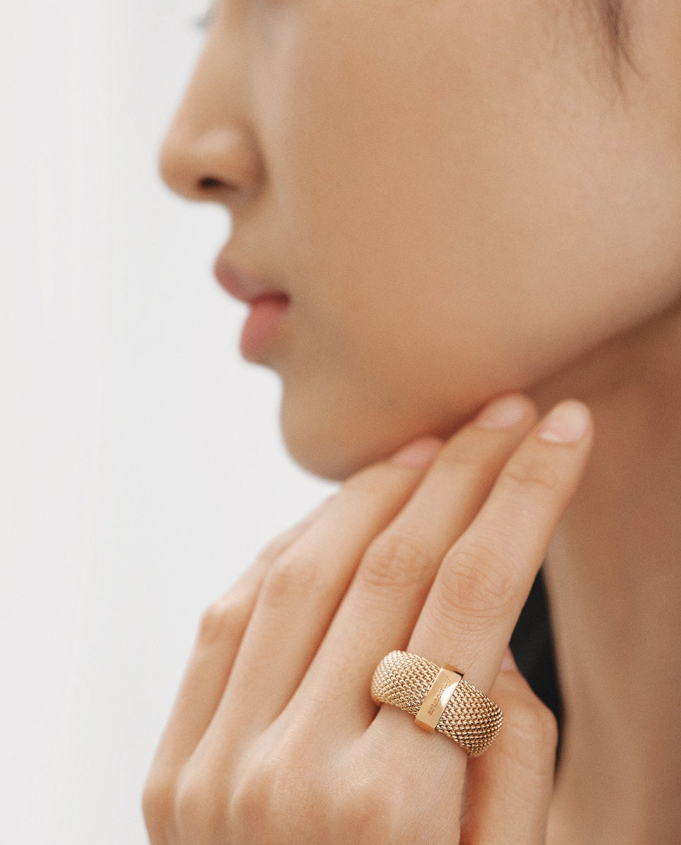Anel Rígido de Prata 925 Banhada em Ouro Amarelo de 18k com Malha Ouro-2