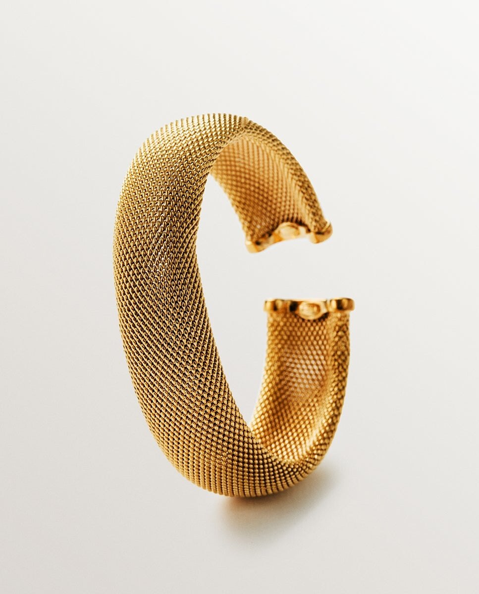 Pulseira Rígida de Prata 925 Banhada em Ouro Amarelo de 18k Aberta e com Malha Ouro-1