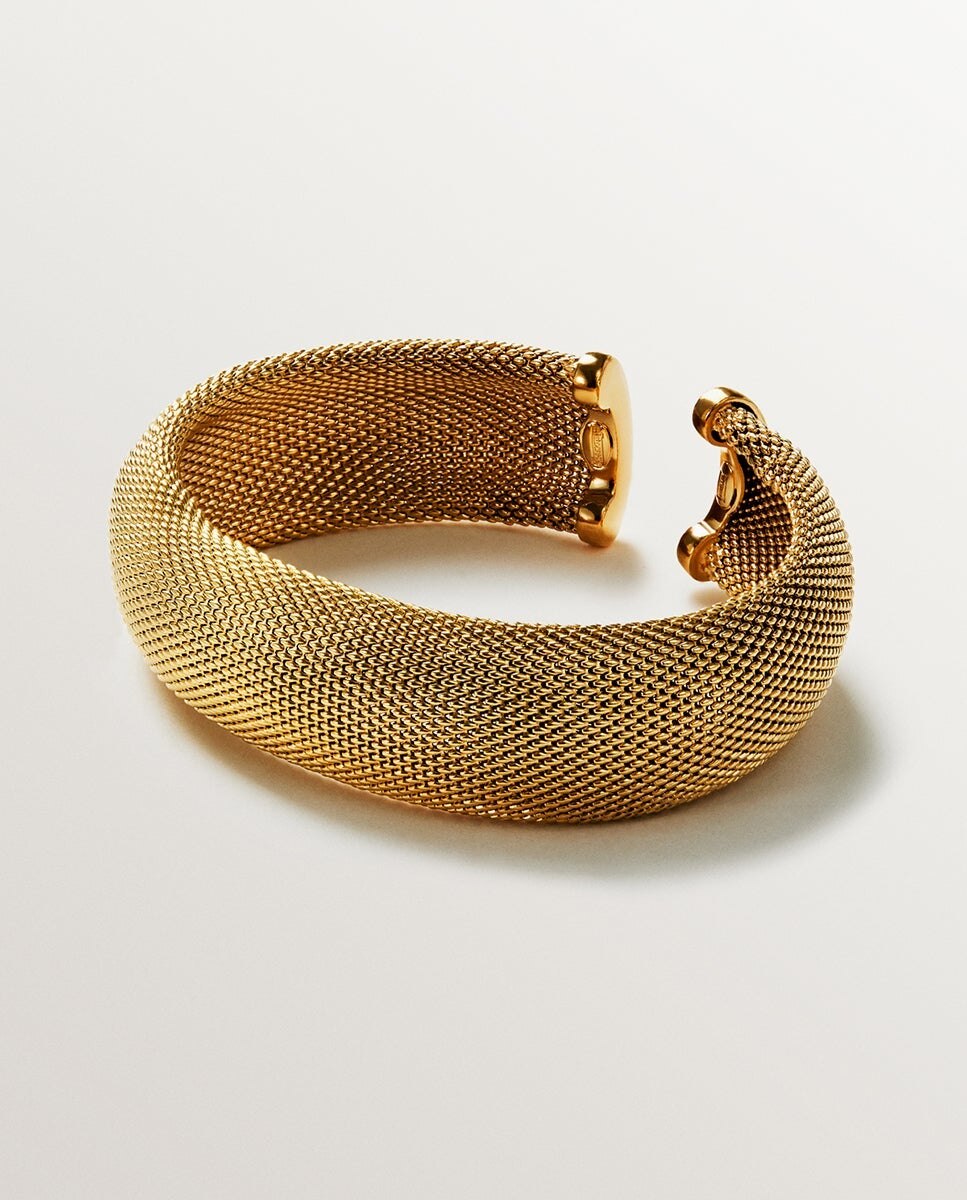 Pulseira Rígida de Prata 925 Banhada em Ouro Amarelo de 18k Aberta e com Malha Ouro-3