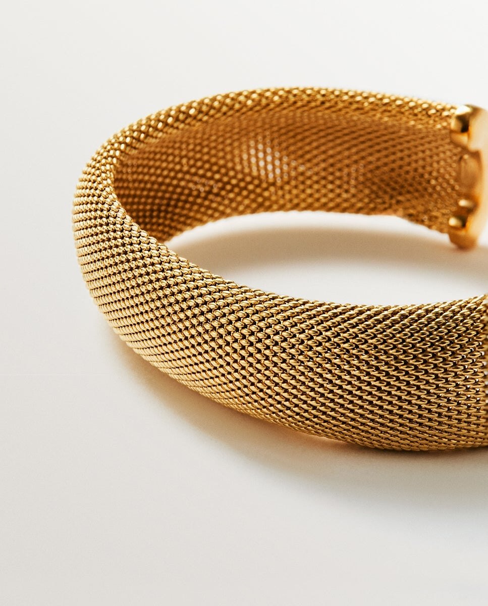 Pulseira Rígida de Prata 925 Banhada em Ouro Amarelo de 18k Aberta e com Malha Ouro-5
