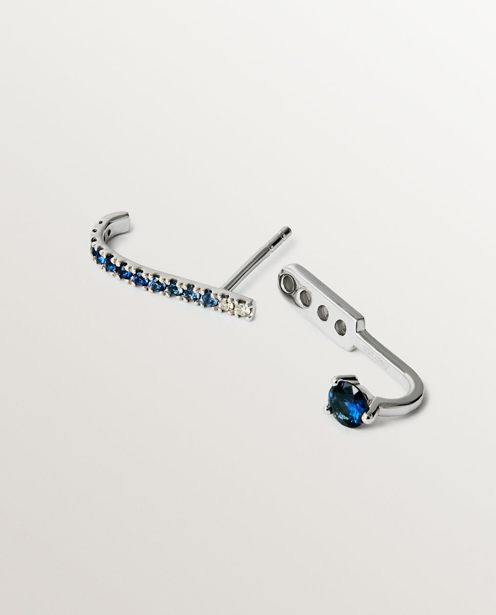 Brinco Individual de Ouro Branco de 9k com Safiras Azuis e Diamantes Azul-3