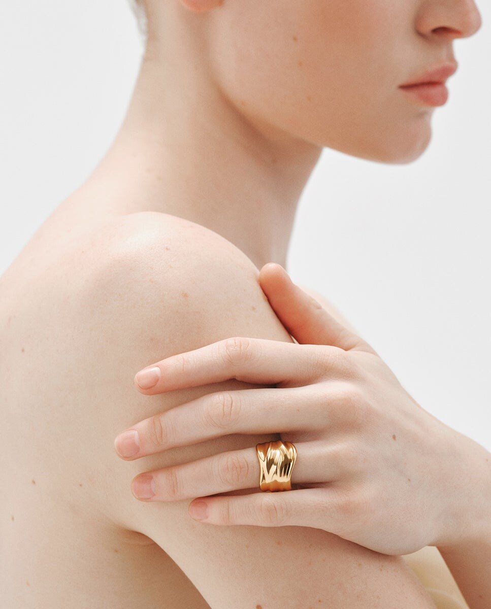 Anel Largo de Prata 925 Banhada em Ouro Amarelo de 18k Ouro-2