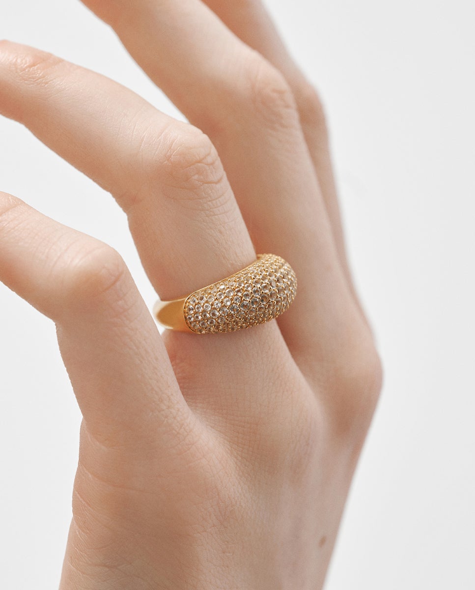 Anel de Prata 925 Banhada em Ouro Amarelo de 18k com Pavé de Topázios Brancos Branco-2