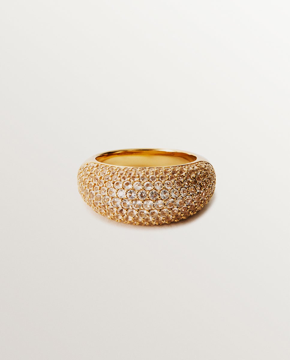 Anel de Prata 925 Banhada em Ouro Amarelo de 18k com Pavé de Topázios Brancos Branco-3