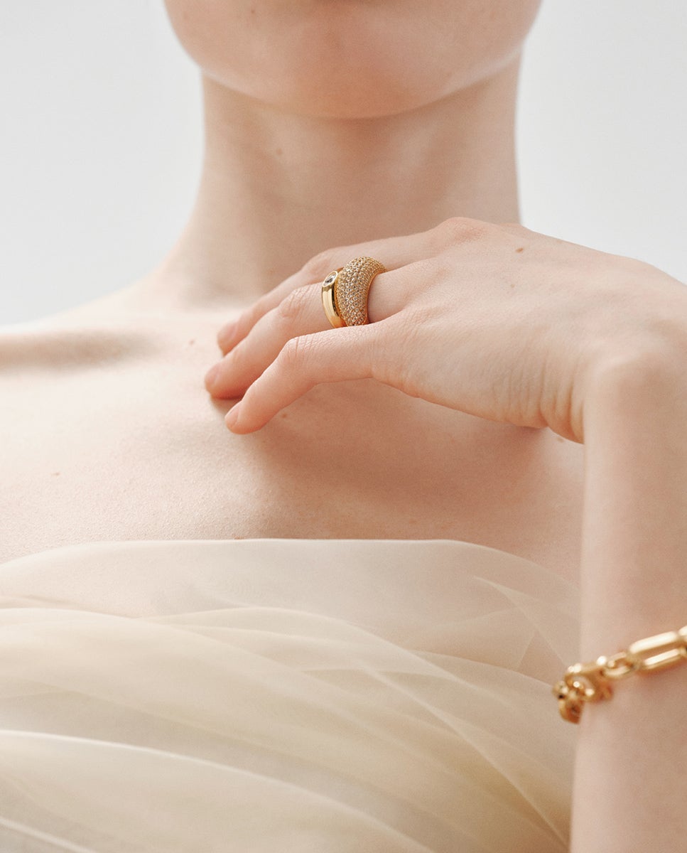 Anel de Prata 925 Banhada em Ouro Amarelo de 18k com Pavé de Topázios Brancos Branco-6