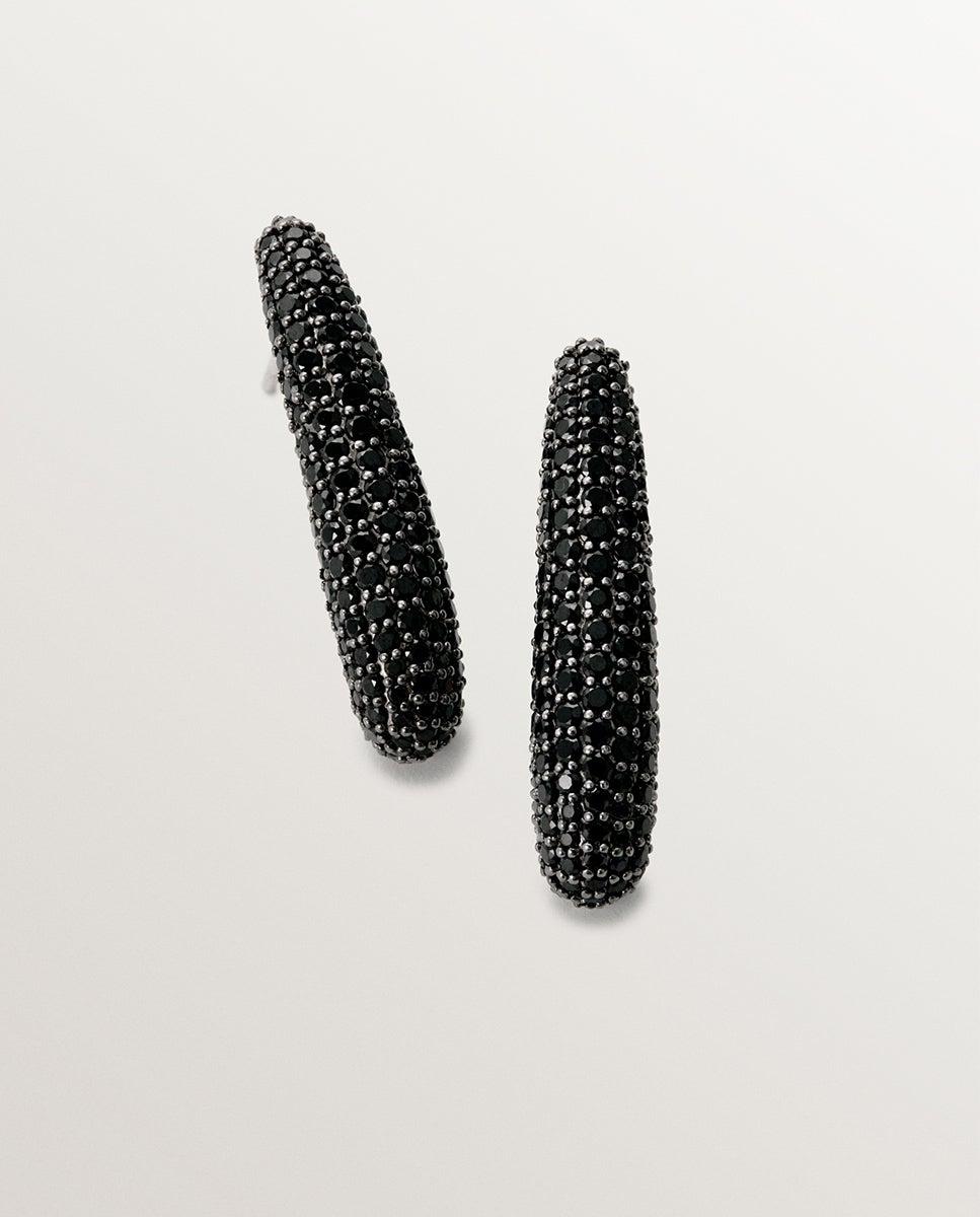 Brincos Compridos de Prata 925 com Pavé de Espinelas Negras Preto-1