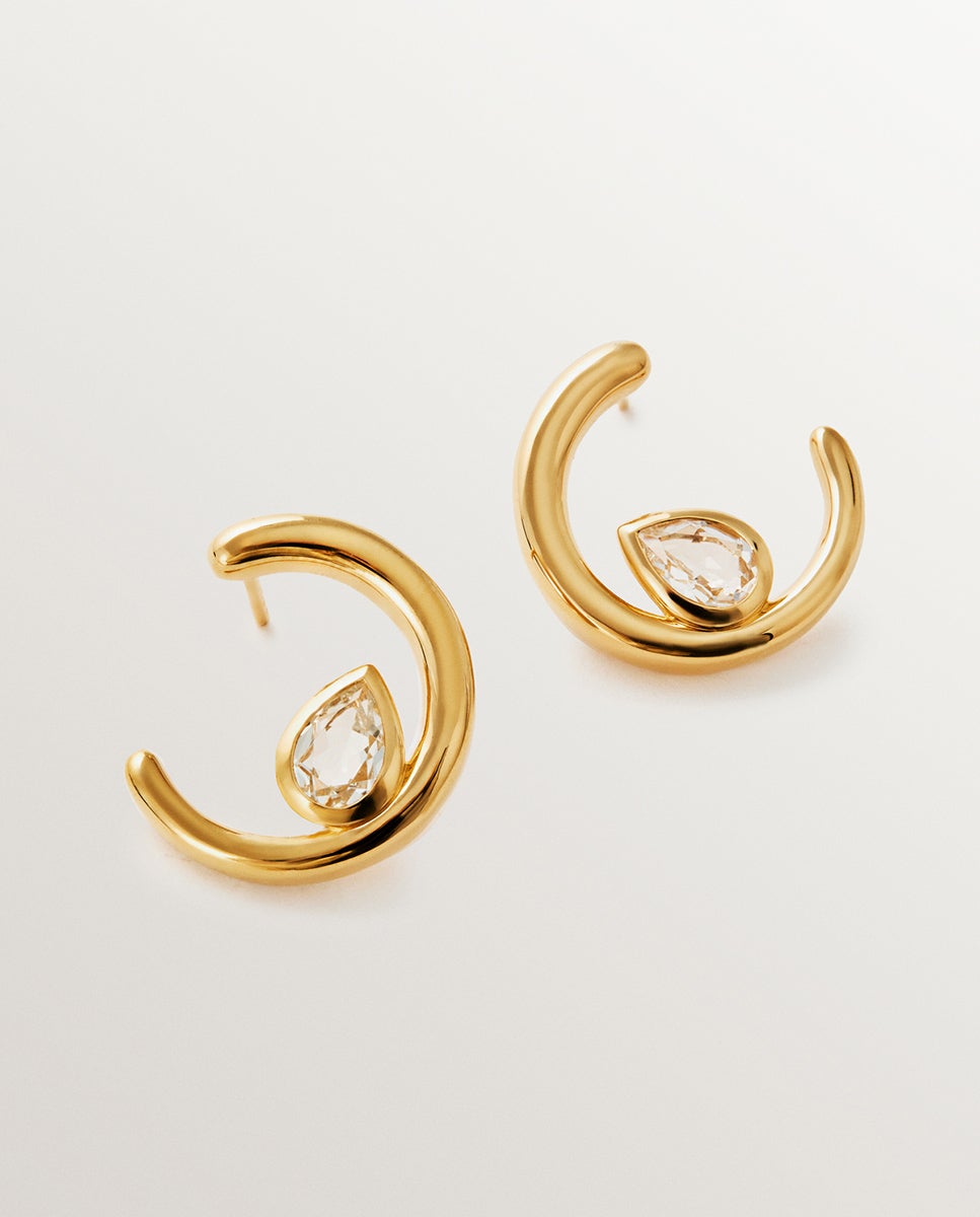 Brincos de Argola em Prata 925 Banhada a Ouro Amarelo de 18k com 2 Topázios Brancos Branco-1
