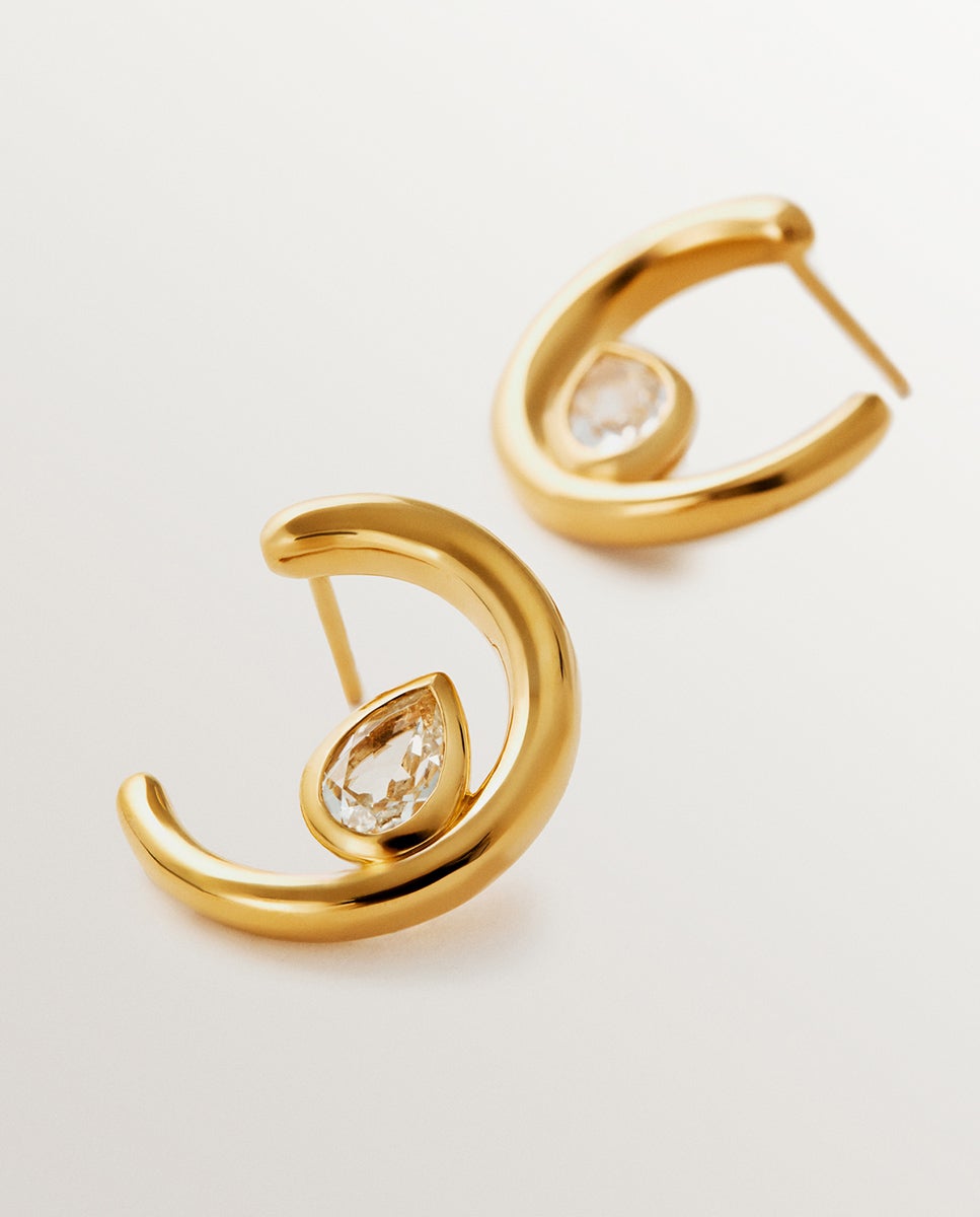 Brincos de Argola em Prata 925 Banhada a Ouro Amarelo de 18k com 2 Topázios Brancos Branco-3