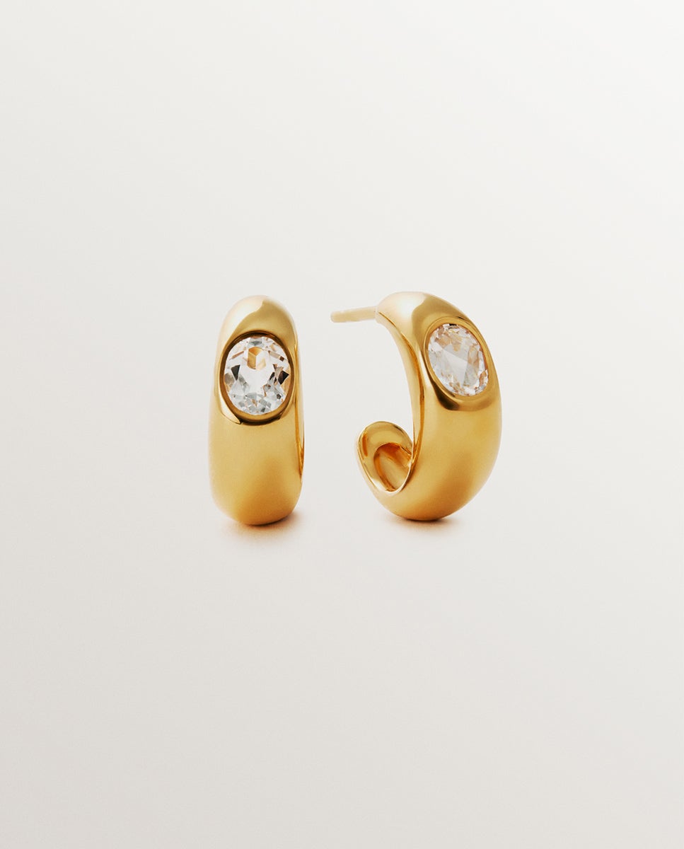Brincos de Argola em Prata 925 Banhada a Ouro Amarelo de 18k com 2 Topázios Brancos Branco-1
