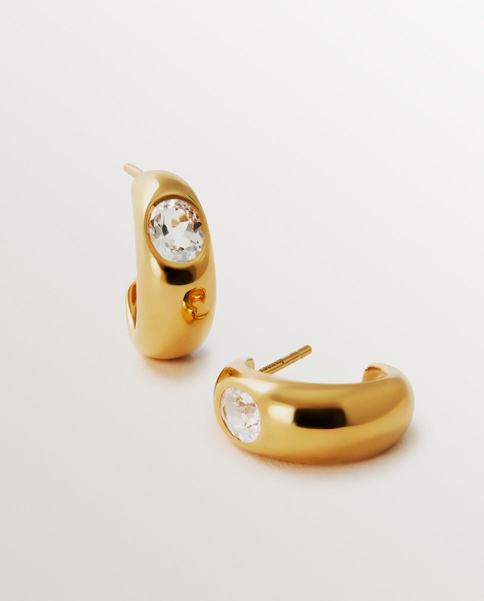Brincos de Argola em Prata 925 Banhada a Ouro Amarelo de 18k com 2 Topázios Brancos Branco-2
