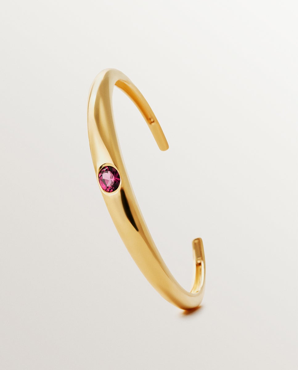 Pulseira Rígida de Prata 925 Banhada em Ouro Amarelo de 18k com Rodolita Rosa Rosa-3