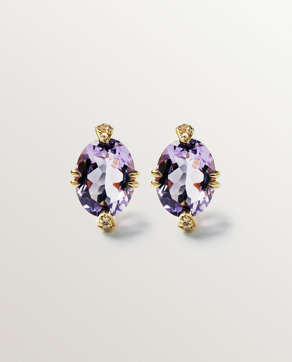 Brincos de Botão de Ouro Amarelo de 9k com Ametistas Rosa e Diamantes Rosa-1