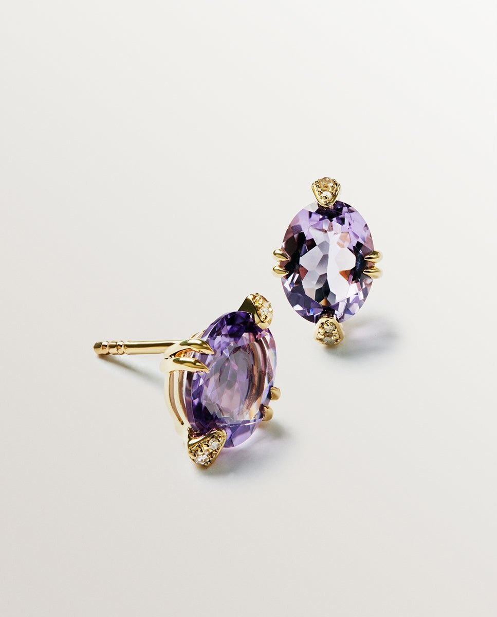 Brincos de Botão de Ouro Amarelo de 9k com Ametistas Rosa e Diamantes Rosa-3