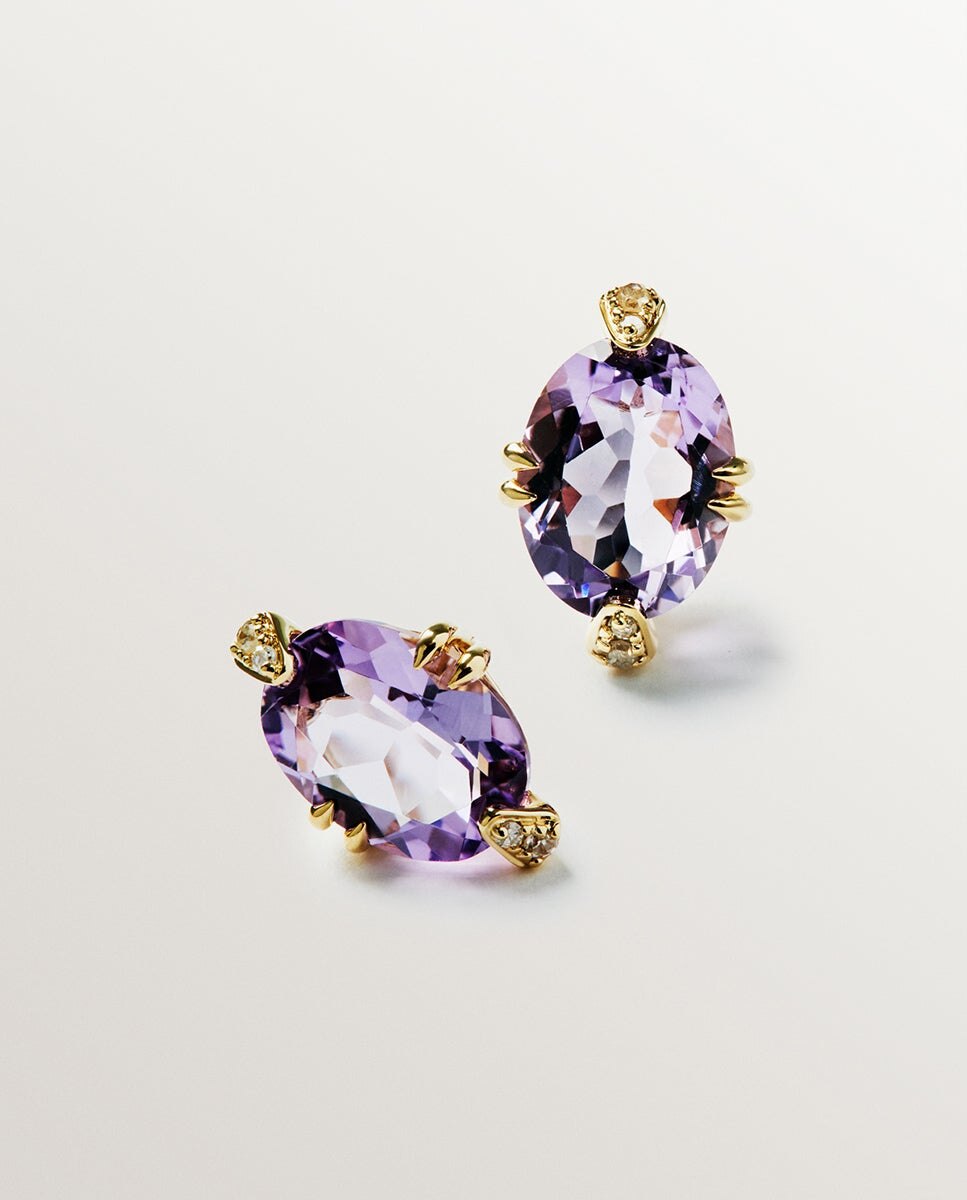 Brincos de Botão de Ouro Amarelo de 9k com Ametistas Rosa e Diamantes Rosa-5