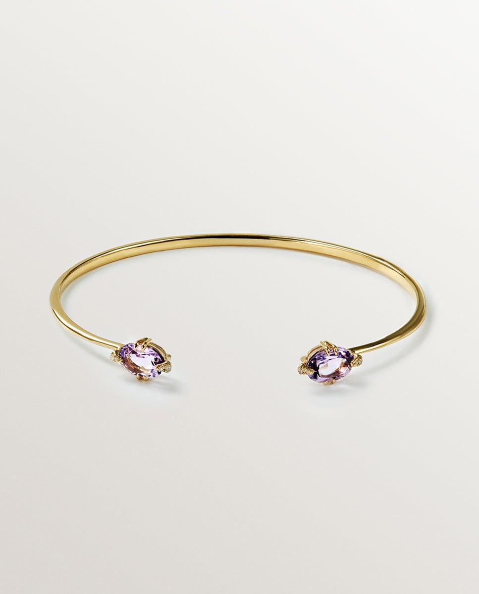 Pulseira Aberta de Ouro Amarelo de 9k com Ametistas Rosa e Diamantes Rosa-1