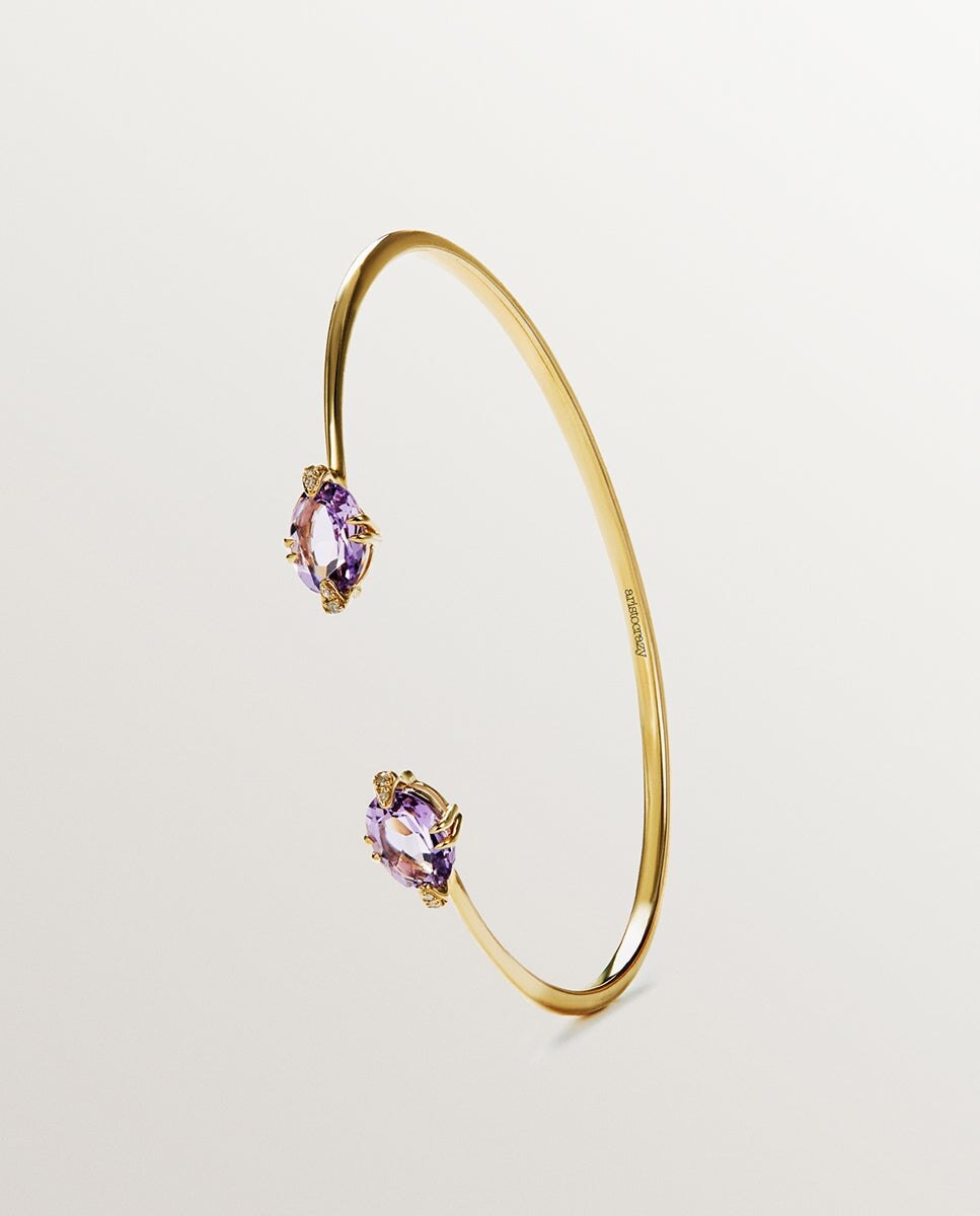 Pulseira Aberta de Ouro Amarelo de 9k com Ametistas Rosa e Diamantes Rosa-3