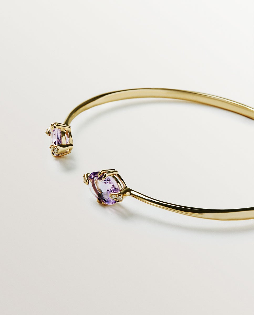 Pulseira Aberta de Ouro Amarelo de 9k com Ametistas Rosa e Diamantes Rosa-5