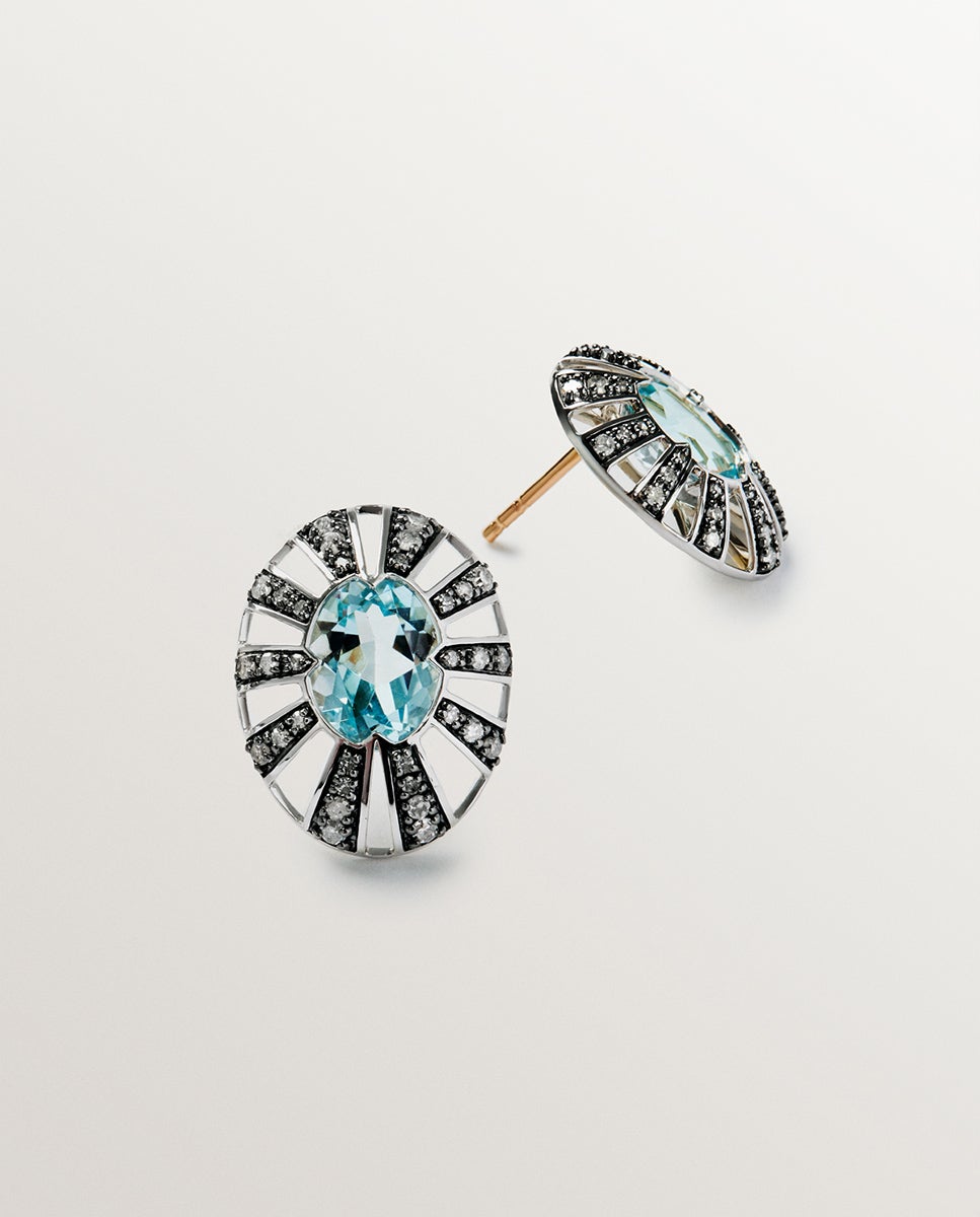 Brincos de Botão de Ouro Branco e Amarelo de 9k com Topázios e Diamantes Azul-3