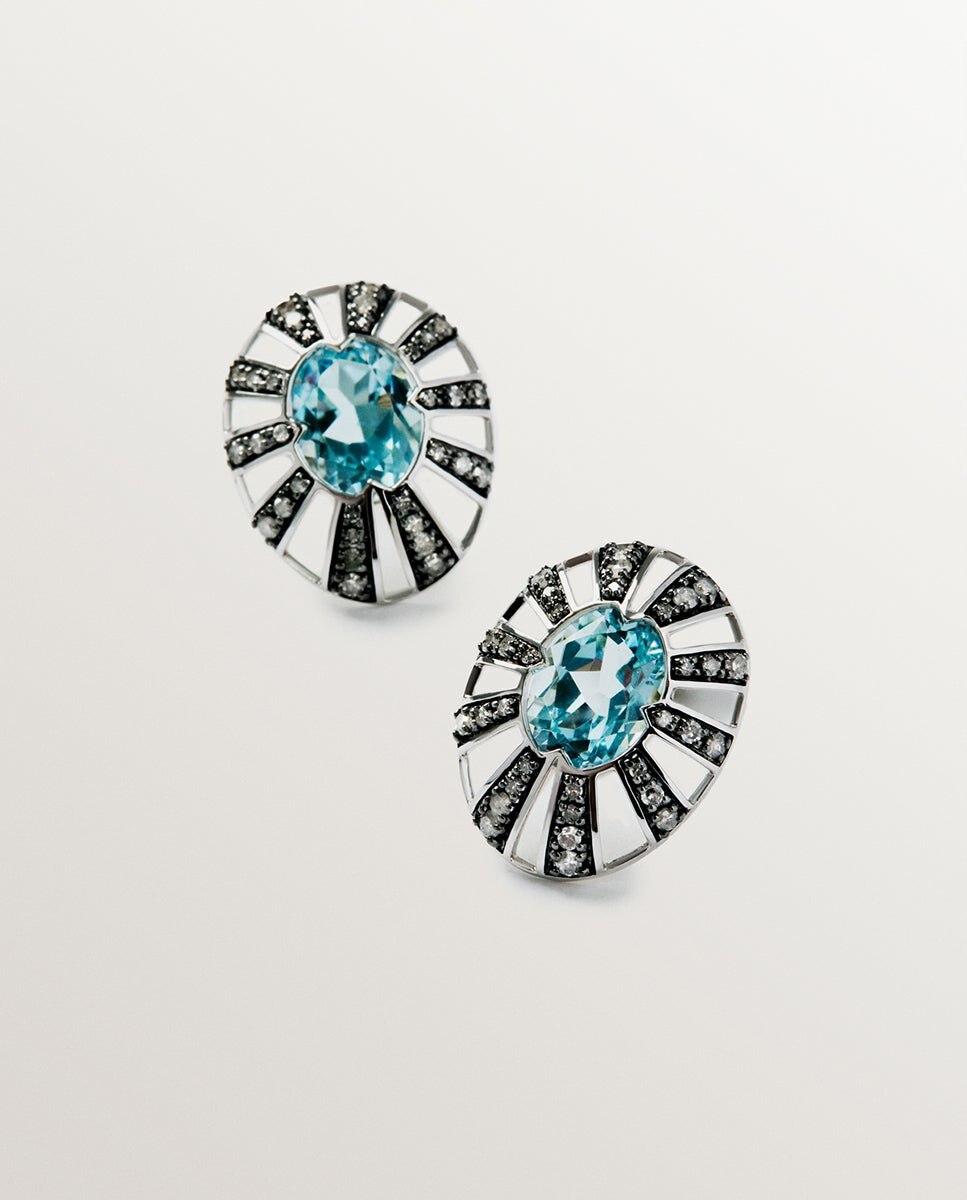 Brincos de Botão de Ouro Branco e Amarelo de 9k com Topázios e Diamantes Azul-6