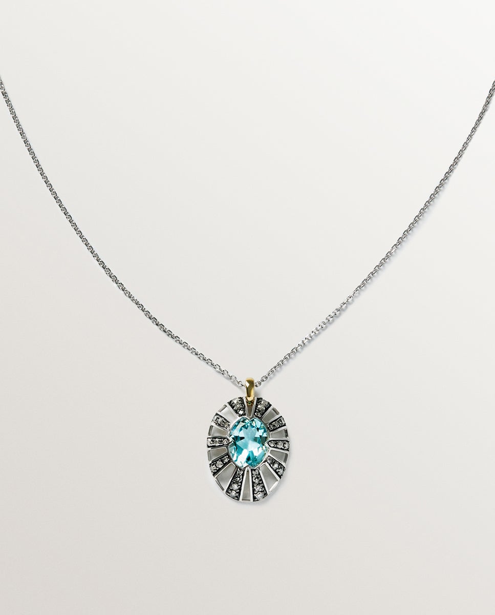 Pendente de Ouro Branco e Amarelo de 9k com Topázio Azul e Diamantes Azul-1