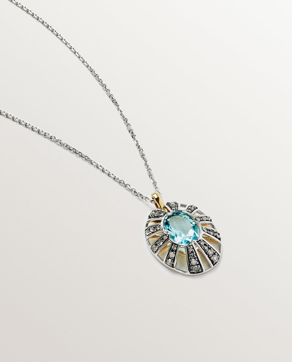 Pendente de Ouro Branco e Amarelo de 9k com Topázio Azul e Diamantes Azul-3