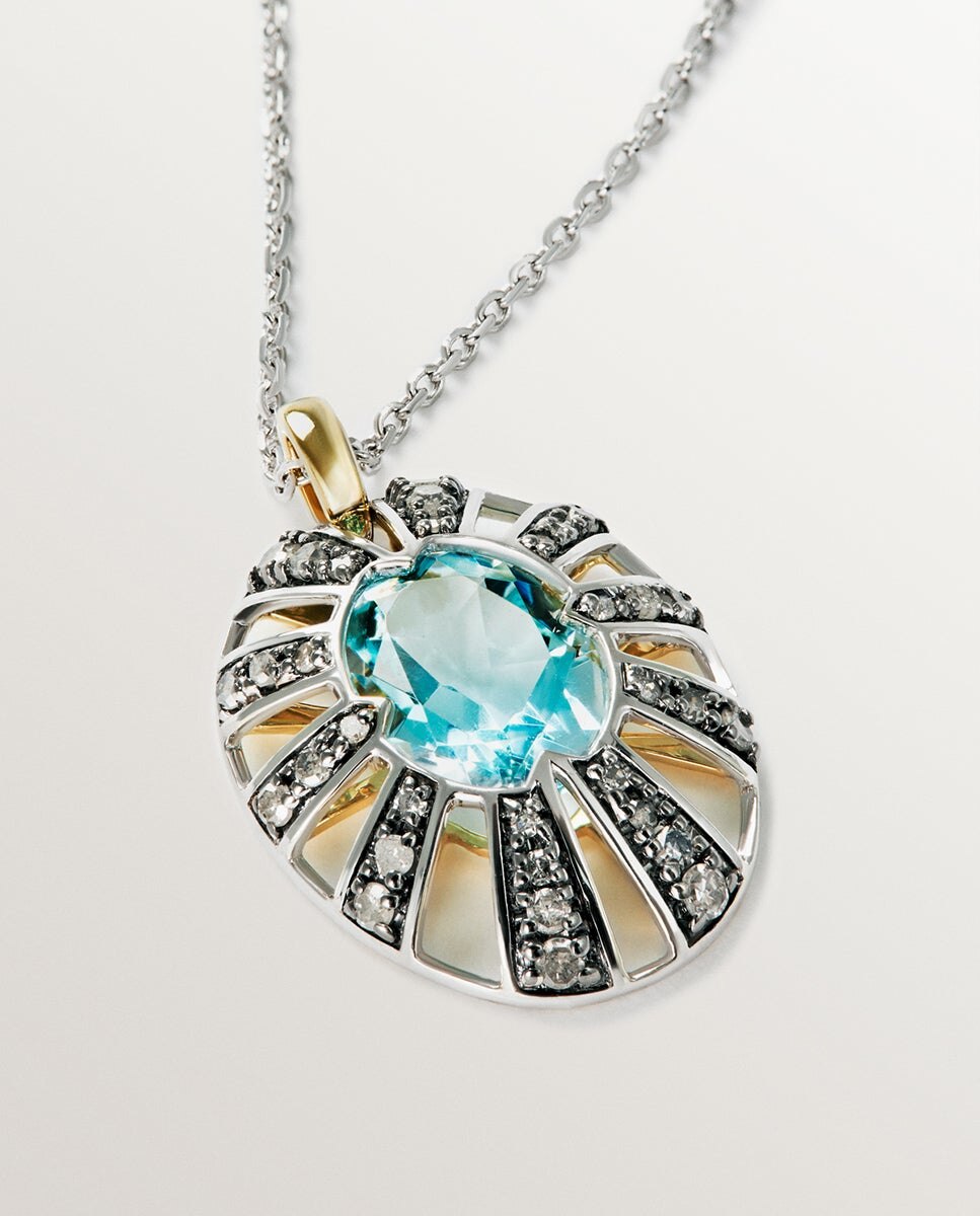 Pendente de Ouro Branco e Amarelo de 9k com Topázio Azul e Diamantes Azul-6