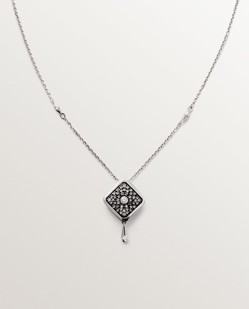 Colar de Ouro Branco de 9k com Forma de Losango e Diamantes Branco-1